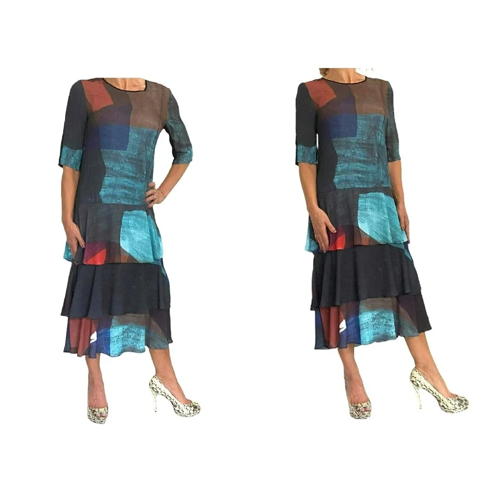 CLOVER CANYON RUFFLE TIERED CHIFFON ABSTRACT  MIDI HALF SLEEVE DRESS XS🌺❤️‎
